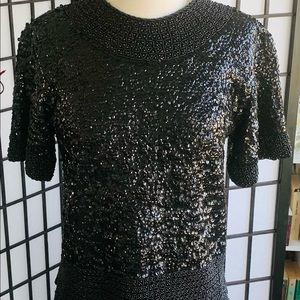 Vintage 1950s Black Sequins Beaded Top Blouse
